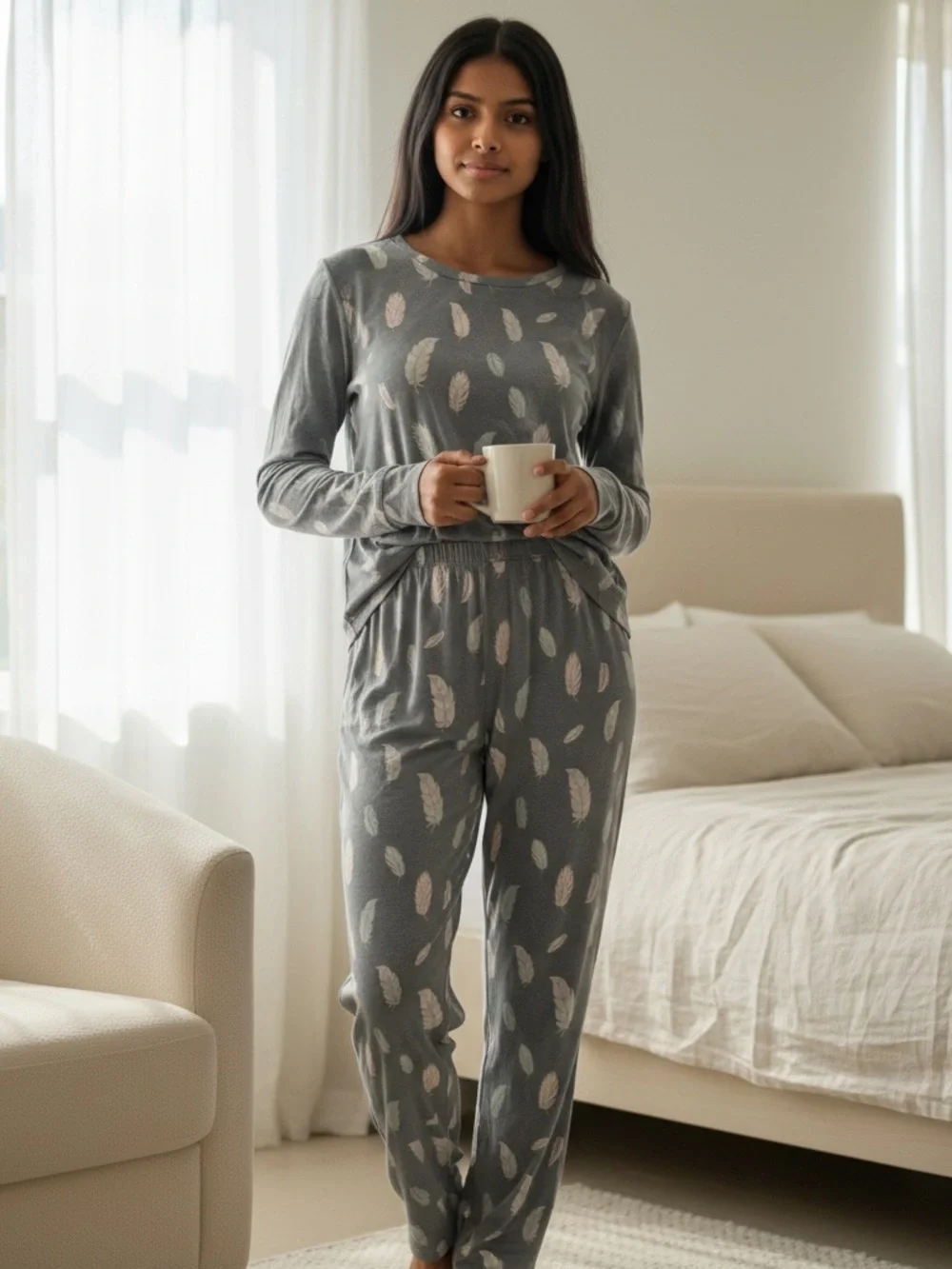 Sweet Bamboo Feather Print Soft Bamboo Pajama Set Blue Girls Youth Size 12 EUC
